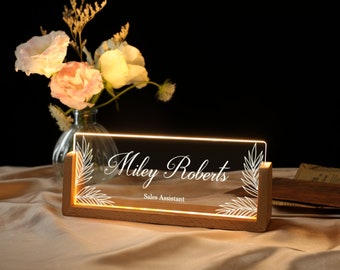 Personalized Name Plate with Wooden Base | Lighted Acrylic Nameplate | Name Sign for Desk | Office Gifts for Boss Coworkers | New Job Gifts