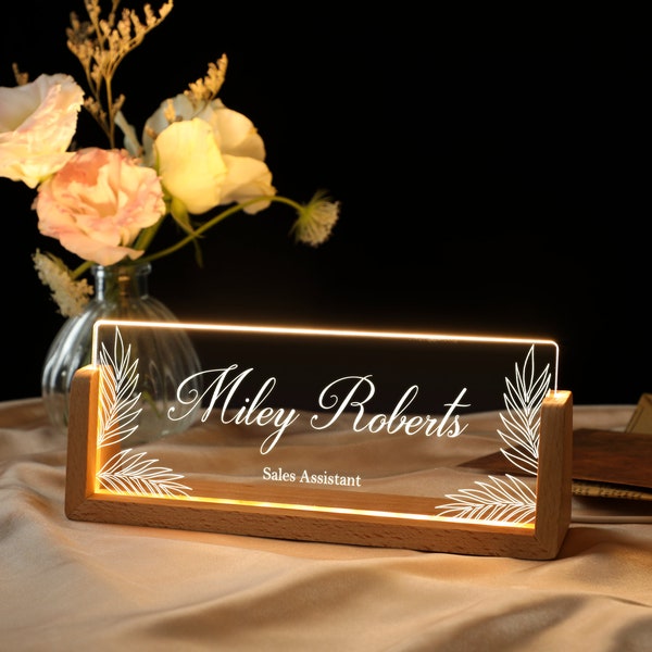 Personalized Name Plate with Wooden Base | Lighted Acrylic Nameplate | Name Sign for Desk | Office Gifts for Boss Coworkers | New Job Gifts