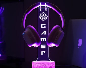 Soporte personalizado de acrílico con LED para auriculares, soporte RGB para auriculares de juegos para escritorio, regalo para novio o adolescente gamer