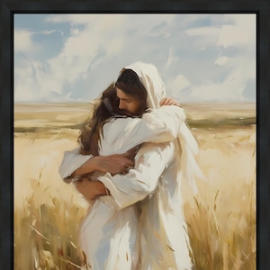 May include: A painting of a man and a woman embracing in a field of tall grass. The man is wearing a white robe and the woman is wearing a white dress. The sky is blue and there are clouds in the background.