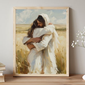 May include: A painting of a man and a woman embracing in a field of tall grass. The man is wearing a white robe and the woman is wearing a white dress. The painting is done in a realistic style with soft colors.