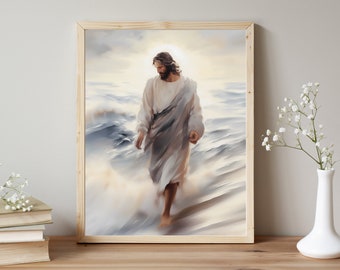 May include: A painting of a man walking on water. He is wearing a white robe and has long brown hair. The water is a light blue and there is a bright light in the background.