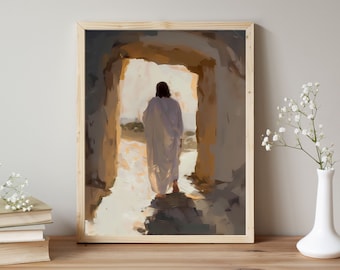 May include: A painting of a person in a white robe walking through a doorway. The person is facing away from the viewer and the doorway is lit by a bright light. The painting is done in a painterly style with visible brushstrokes.