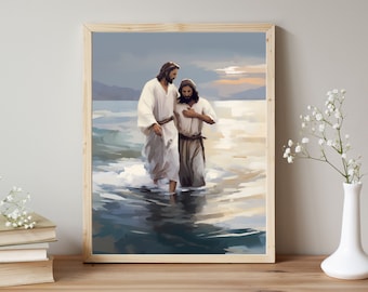 May include: A painting of two men in white robes walking in the water. The man in the front is looking down, while the man behind him is looking forward. The water is a light blue color and there is a blue sky in the background.