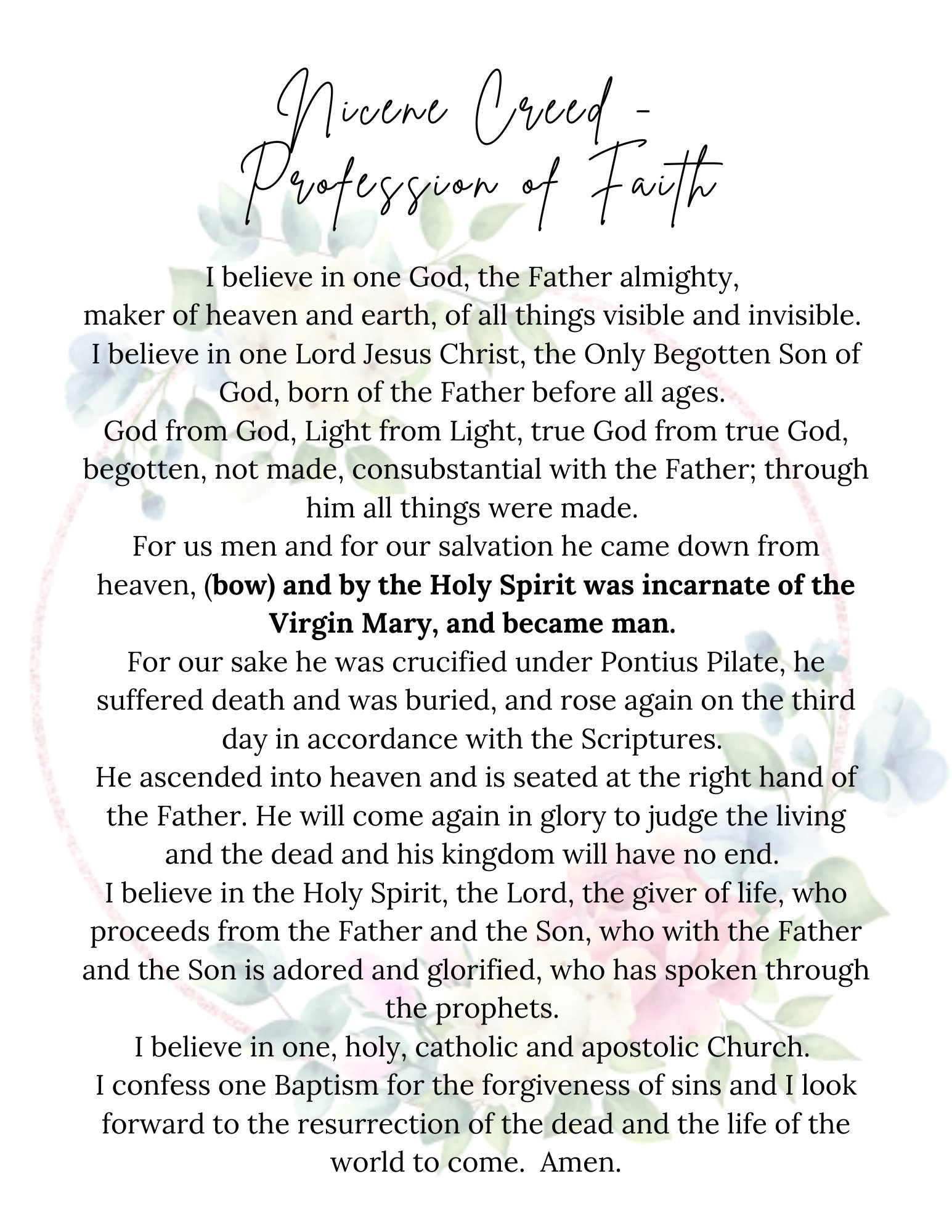 Nicene Creed Catholic Profession of Faith Catholic Prayers Pink
