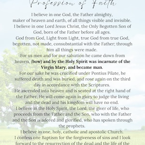 May include: A white background with blue text outlining the Nicene Creed, a profession of faith in Christianity. The text includes the words 'God', 'Jesus Christ', 'Holy Spirit', 'Father', 'Son', 'Virgin Mary', 'crucified', 'resurrection', and 'Amen'.