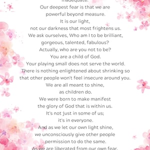 Our Deepest Fear - Pink Flowers - DOWNLOADABLE - by Marianne Williamson