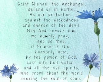 Prayer to Saint Michael Wall - 8.5x11 - Aqua Watercolor - Digital Print
