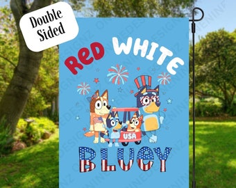 Blueyy Family Red White Blueyy Garden or Yard Flag, House Decor, Blueyy Fan Gift, Blue Heeler Cartoon Show, Garden Flag Decor, 12x18