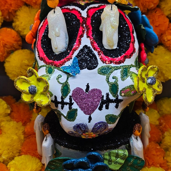 Handmade Pretty Sugar Skull - Flower Crown      Dia De Los Muertos Calaveras