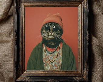 Ritratto di gatto hipster / Arte digitale di animali divertenti / Regalo carino per amanti dei gatti / Decorazione murale stravagante / Download stampabile