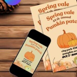 Könnte beinhalten: Ein digitaler und gedruckter Flyer für den 44. jährlichen Spring Vale Pumpkin Patch. Der Flyer zeigt einen orangefarbenen Kürbis mit einem kleineren Kürbis daneben. Der Text auf dem Flyer lautet "Spring Vale 44th annual Pumpkin Patch" und "city park 456 pumpkin ave oct 1-now".