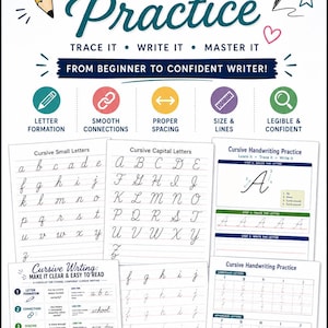 May include: A cursive handwriting practice set featuring instructional worksheets with alphabet tracing, letter formation guides, and checklists. The pages include sections for capital and small letters, numbers, and symbols, with a title reading Cursive Practice.