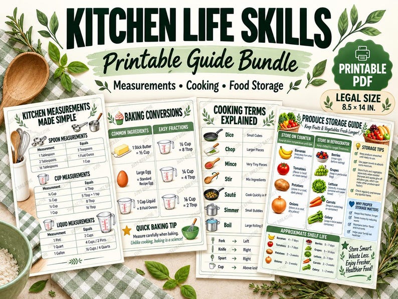 Puede incluir: Un conjunto de gu&iacute;as imprimibles sobre habilidades de cocina que incluye cuatro hojas informativas con tablas de medidas, conversiones de horneado, t&eacute;rminos culinarios y almacenamiento. Los documentos son tama&ntilde;o legal, 21,6 por 35,6 cm.