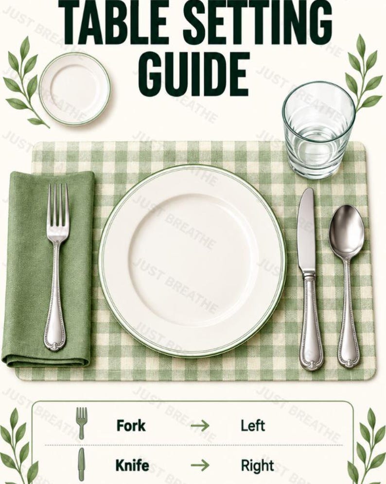 Puede incluir: Una gu&iacute;a de mesa con un mantel individual de cuadros verdes y blancos, un plato blanco con borde verde, un vaso, una servilleta verde, un tenedor, un cuchillo y una cuchara. Texto: TABLE SETTING GUIDE, Fork to Left, Knife to Right. Muestra el orden.