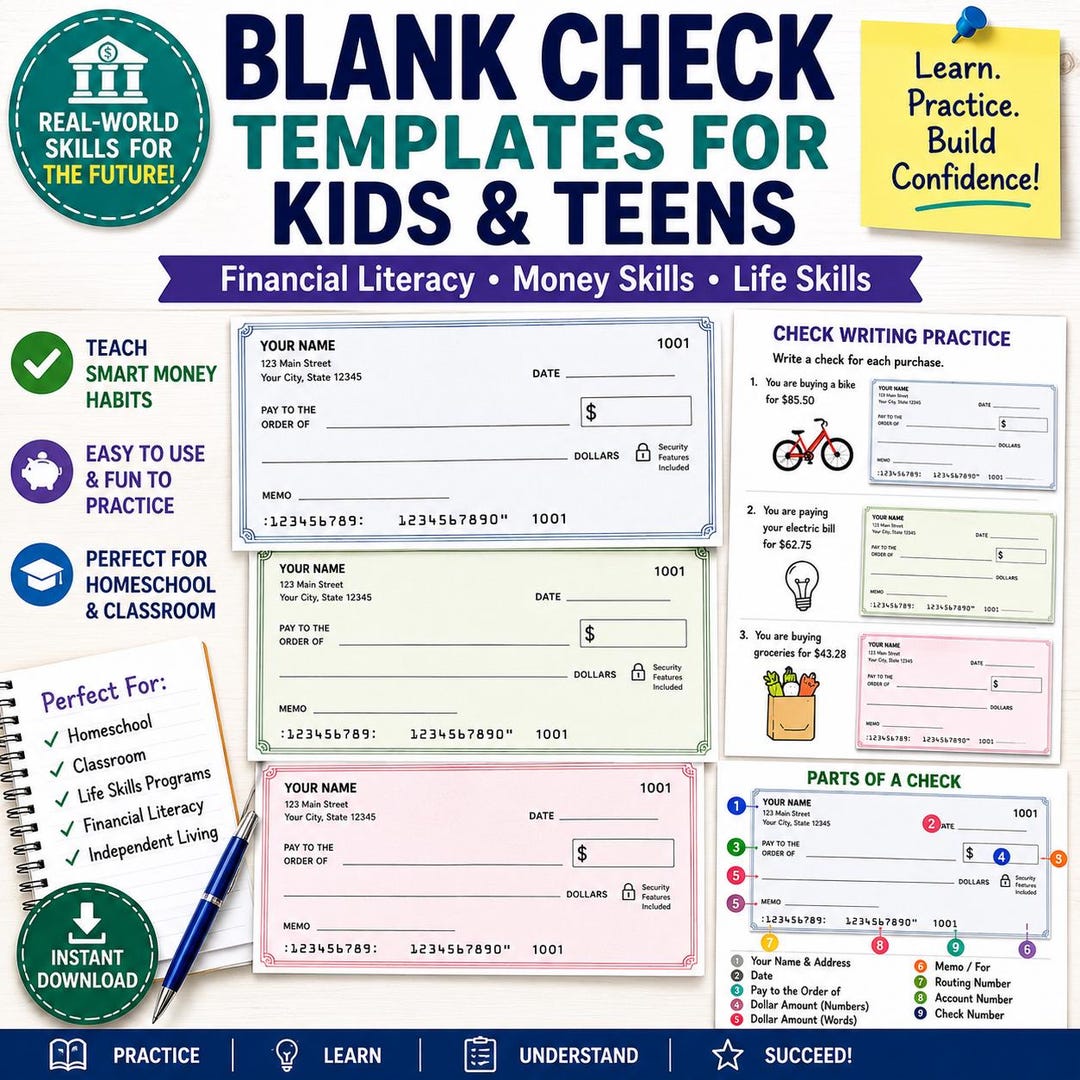 Blank Check Templates for Kids | Financial Literacy Printable ...