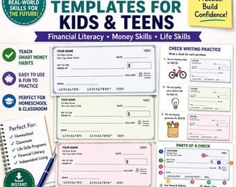 May include: Blank check templates for kids and teens featuring financial literacy and money skills. Includes practice sheets for check writing, labeled parts of a check, and three colored check templates in blue, green, and pink with lines for name, address, date, pay to the order of, amount, and memo fields.