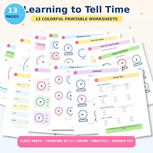Puede incluir: Un conjunto de 13 hojas de trabajo imprimibles tituladas Learning to Tell Time, que incluyen ilustraciones de relojes coloridos, ejercicios para leer la hora, dibujar manecillas y secciones de práctica con una clave de respuestas.