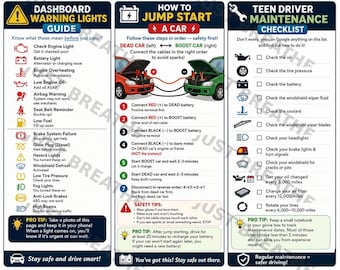 May include: A three-panel informational guide featuring a Dashboard Warning Lights Guide, a How to Jump Start a Car diagram with step-by-step instructions, and a Teen Driver Maintenance Checklist with various icons and text for vehicle safety.
