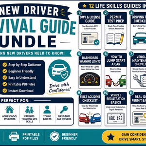 Ny/Föraröverlevnadsguidepaket - DMV, försäkring, bilunderhåll, olyckshjälp, förberedelse för stopp