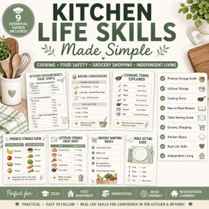 May include: A set of nine educational kitchen life skills guides featuring charts for measurements, baking conversions, cooking terms, produce storage, leftover storage, grocery shopping, and table settings with text in dark green and beige.