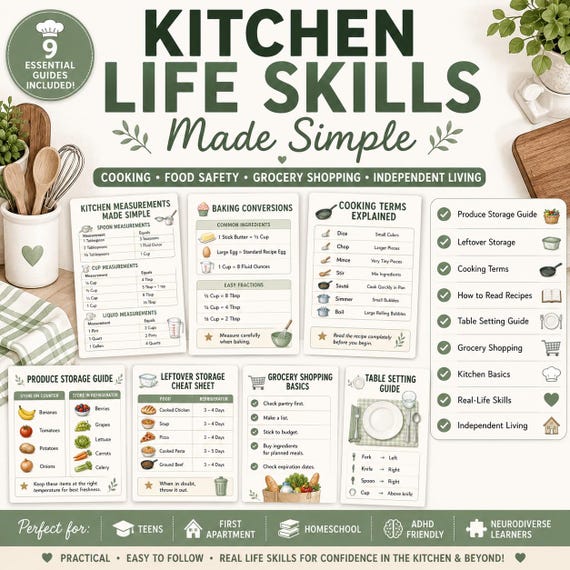 Kitchen Life Skills Workbook, Cooking Basics, Food Safety, Grocery Shopping (Digital Download)