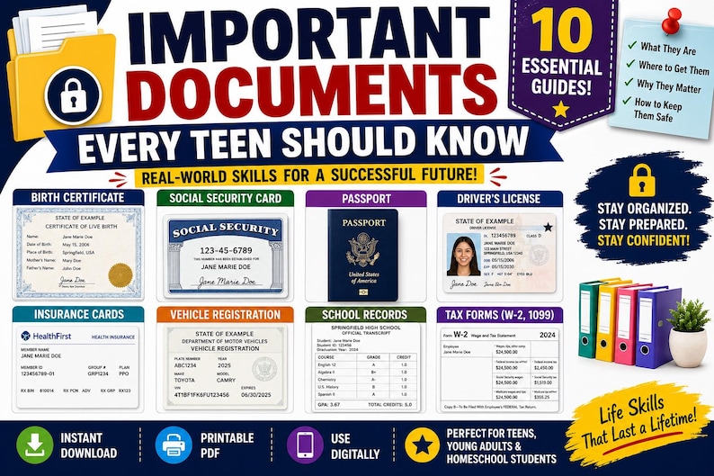 May include: An educational infographic titled Important Documents Every Teen Should Know, featuring illustrations of a birth certificate, social security card, passport, driver's license, insurance card, vehicle registration, school records, and tax forms.