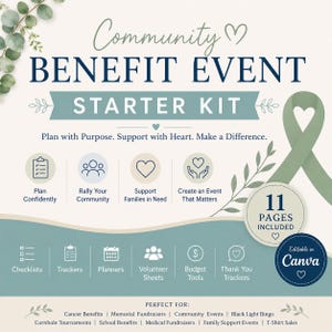 Op de afbeelding: Een digitale flyer voor een Community Benefit Event Starter Kit met saliegroene en donkerblauwe tekst. Het bevat 11 pagina's met checklists, trackers, planners, vrijwilligerslijsten, budgettools en bedanktrackers, allemaal bewerkbaar in Canva.