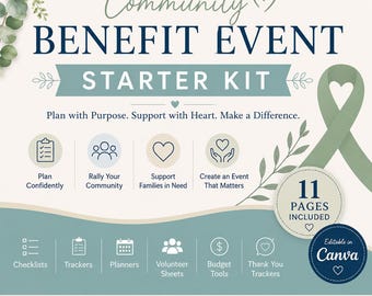 Puede incluir: Un folleto digital para un kit de inicio de eventos comunitarios con texto en verde salvia y azul oscuro. Incluye 11 páginas de listas de verificación, rastreadores, planificadores, hojas de voluntarios, herramientas de presupuesto y agradecimientos, editables en Canva.