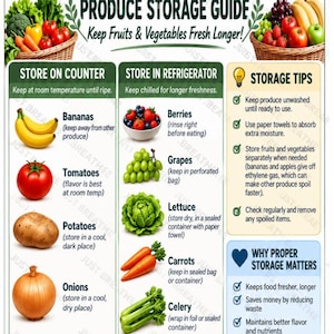 Puede incluir: Una infograf&iacute;a de gu&iacute;a de almacenamiento de productos frescos con ilustraciones de frutas y verduras. Incluye secciones para el almacenamiento en encimera y refrigerador, consejos de almacenamiento y por qu&eacute; es importante hacerlo bien.