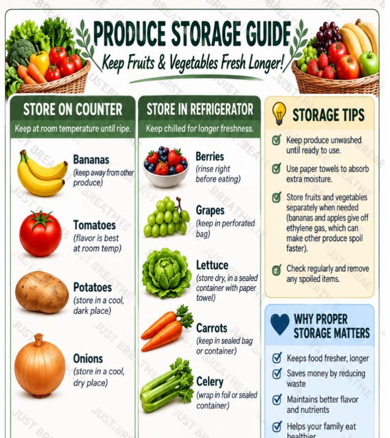 Puede incluir: Una infograf&iacute;a de gu&iacute;a de almacenamiento de productos frescos con ilustraciones de frutas y verduras. Incluye secciones para el almacenamiento en encimera y refrigerador, consejos de almacenamiento y por qu&eacute; es importante hacerlo bien.