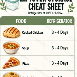 Puede incluir: Una tabla titulada Leftover Storage Cheat Sheet con el texto Refrigerator at 4&deg;C or below. Enumera alimentos como pollo cocinado, sopa, pizza y pasta cocinada, cada uno con una duraci&oacute;n de almacenamiento de 3-4 d&iacute;as en el refrigerador.