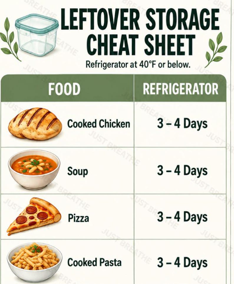Puede incluir: Una tabla titulada Leftover Storage Cheat Sheet con el texto Refrigerator at 4&deg;C or below. Enumera alimentos como pollo cocinado, sopa, pizza y pasta cocinada, cada uno con una duraci&oacute;n de almacenamiento de 3-4 d&iacute;as en el refrigerador.