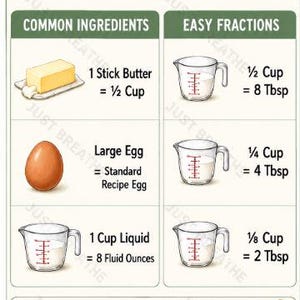 Puede incluir: Una tabla de conversiones de reposter&iacute;a con una ilustraci&oacute;n de cupcake, una barra de mantequilla, un huevo y tazas medidoras. Enumera equivalencias de ingredientes y fracciones, adem&aacute;s de un consejo con un batidor y un bol.