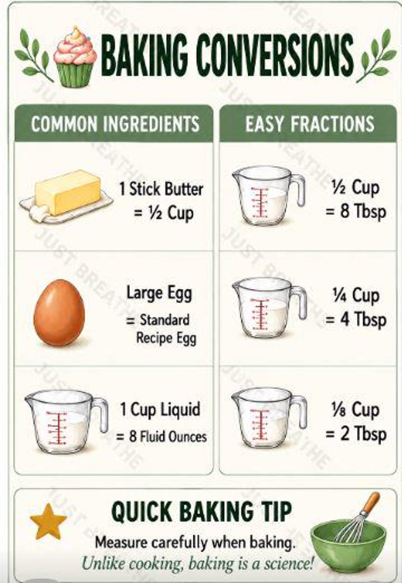 Puede incluir: Una tabla de conversiones de reposter&iacute;a con una ilustraci&oacute;n de cupcake, una barra de mantequilla, un huevo y tazas medidoras. Enumera equivalencias de ingredientes y fracciones, adem&aacute;s de un consejo con un batidor y un bol.