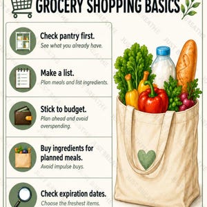 Puede incluir: Una bolsa de tela beige con un coraz&oacute;n verde, llena de una baguette, una botella de agua, un pimiento rojo y verduras verdes. Al lado, un gr&aacute;fico titulado Grocery Shopping Basics enumera cinco consejos con iconos.
