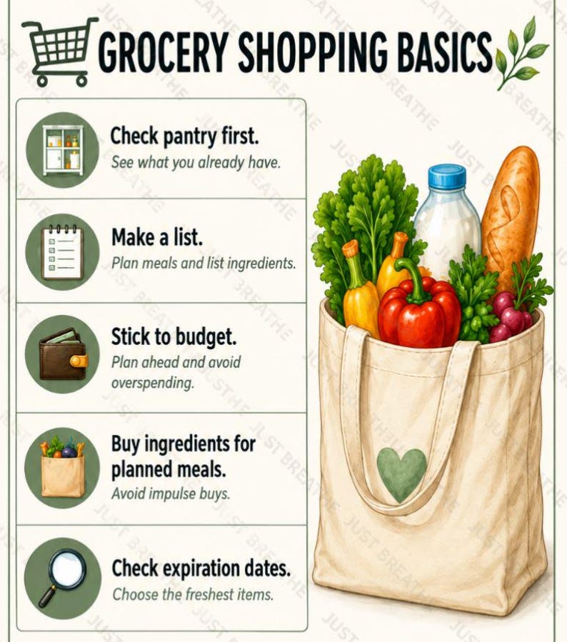 Puede incluir: Una bolsa de tela beige con un coraz&oacute;n verde, llena de una baguette, una botella de agua, un pimiento rojo y verduras verdes. Al lado, un gr&aacute;fico titulado Grocery Shopping Basics enumera cinco consejos con iconos.