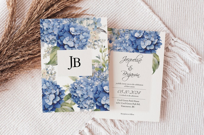 Blue Hydrangea Wedding Invitation Template 5x7 Editable Etsy