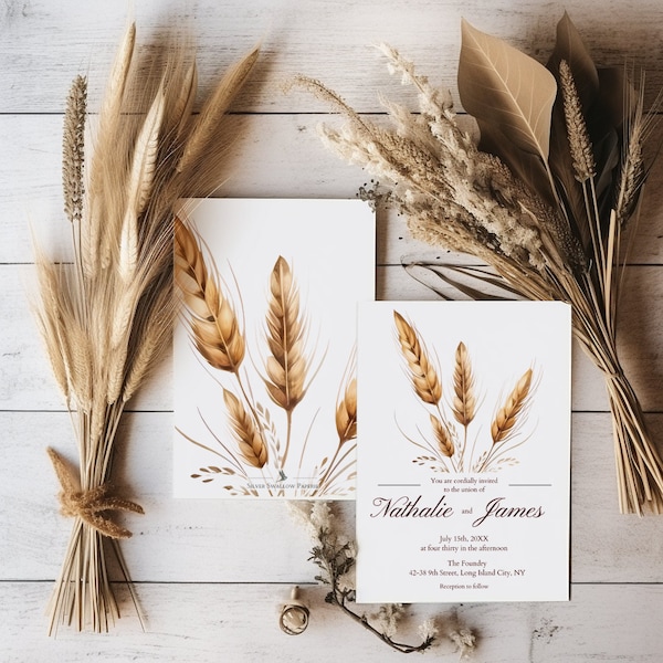 Summer Wheat Wedding Invitation, Rustic Pampas Grass Wedding Invitation, Simple Boho Template, Gold, Wheat, Natural