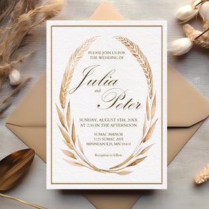Op de afbeelding: Een witte huwelijksuitnodiging met een gouden rand en een aquarel-illustratie van tarwehalmen. De uitnodiging luidt: "U bent van harte uitgenodigd voor de bruiloft van Julia en Peter, zondag 8 augustus 20XX om 14:30 uur, Sumac Manor, 1123 Sumac Ave, Minneapolis, MN 55410, Receptie aansluitend."