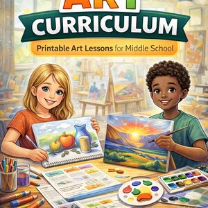 Op de afbeelding: Kleurrijke illustratie van een omslag voor een kunstcurriculum voor de middelbare school. De omslag toont twee kinderen die tekenen, met de tekst "Middle School ART CURRICULUM" en "Printable Art Lessons for Middle School". Extra tekst bevat "Homeschool, Classroom, Co-op Creative Activities".