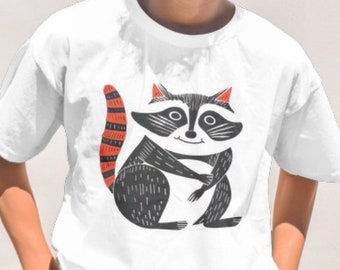 Raccoon Lino Print T-shirt: Vintage Forestcore Folk Art Tee