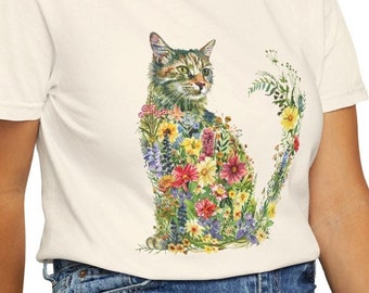 Cottagecore Cat T-Shirt: Wildflower Floral Tabby Cat, Comfort Colors