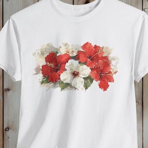 Hibiskus-Girlanden-T-Shirt: Blumentropengarten-Baumwollt-stück, tropisches Lei-Shirt
