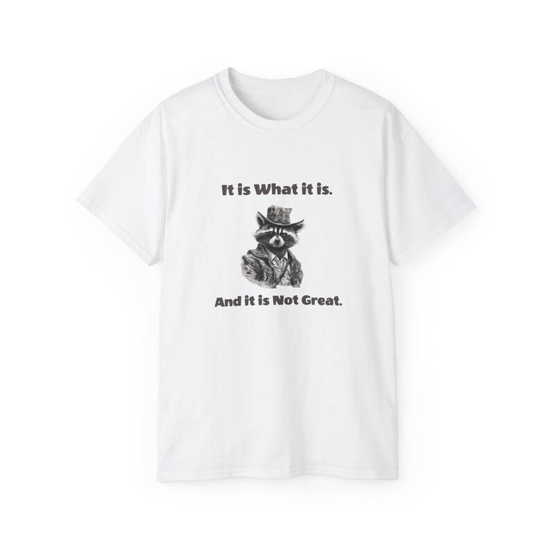 May include: White t-shirt with a black and white illustration of a raccoon wearing a hat and the text "It is What it is. And it is Not Great."