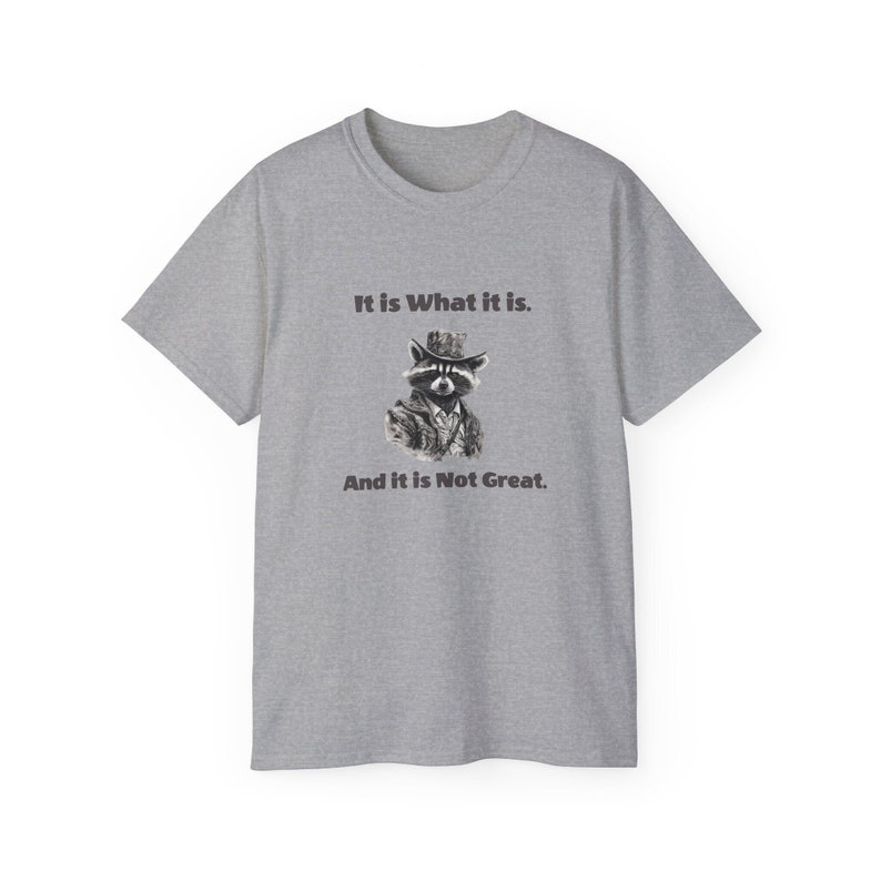 Funny Raccoon Meme T-Shirt: Retro Bandit Tee, Gift for Raccoon Fan Gray