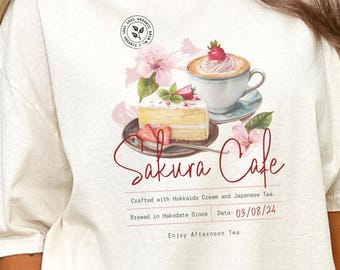 Afternoon tea T-Shirt, Sakura Cafe illustration | Japanese cafe, cream cake, floral aesthetic