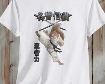 Japanese Martial Arts shirt, Karate Squirrel Kicking Tee, Ninja Squirrel, Japanese Kanji Design "Honour and Faith", "Ninja Power"