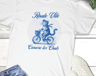 自転車に乗った猫のTシャツ、フランス語、ルーレ・ヴィット、レディースフィット