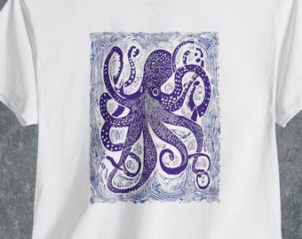 Octopus Linocut Print T-Shirt: Vintage Woodblock Style